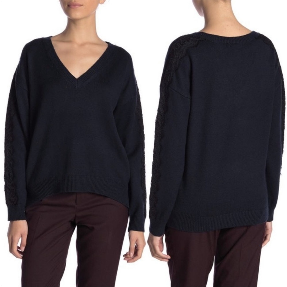 14th & Union Ribbed V-Neck Lace Trim Navy Sweater